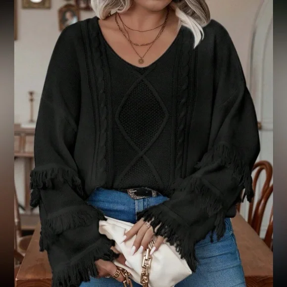 Plus size cozy fringe detail cable knit sweater top